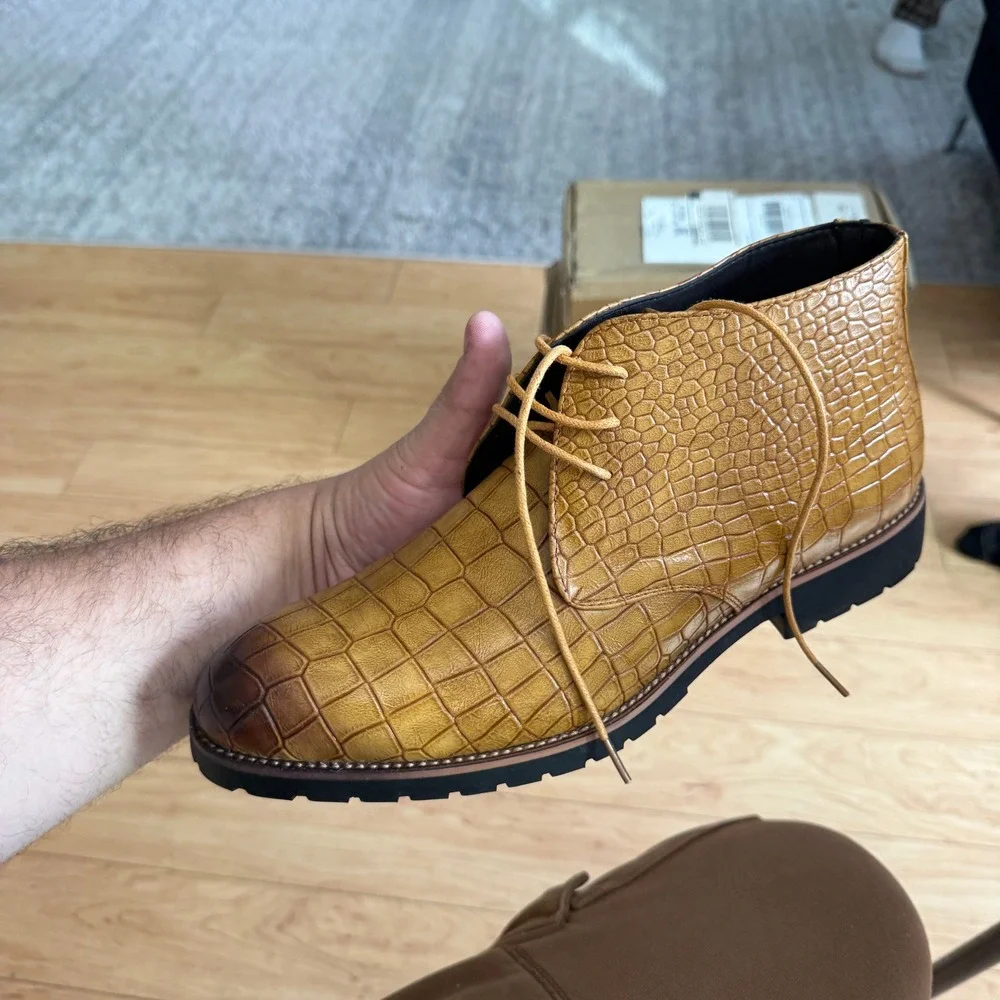 Santimon‎ Men's US 8.5 Tan Embossed Lace Up Pointed Toe Ankle Casual Boots